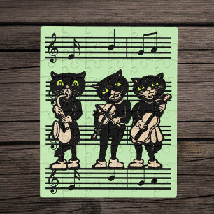 Group Black Cat Musicians Playing Instruments Jigsaw Puzzle