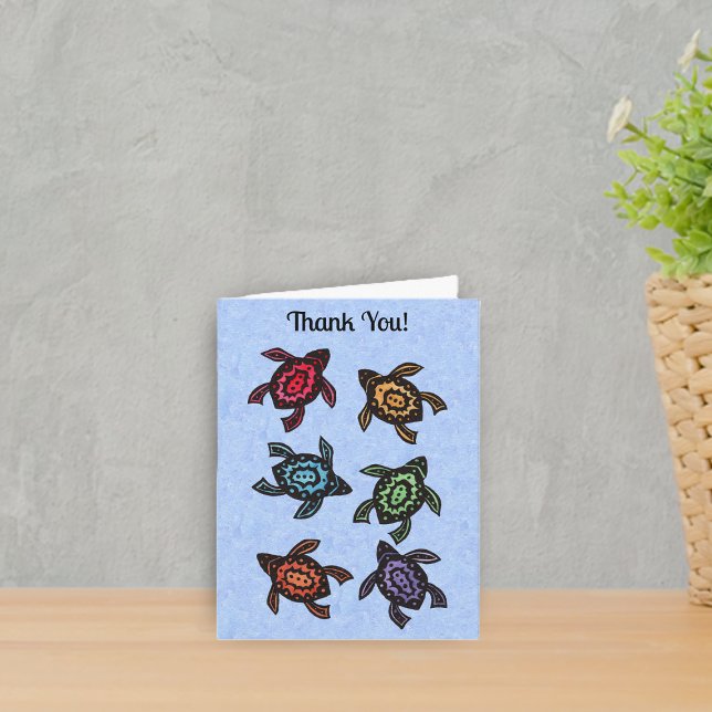 Group Black Turtles Abstract Shells Many Colours  Letterpress Thank You Card (Bunch of black turtles with abstract shells in various colours on mottle blue Thank You Card.)