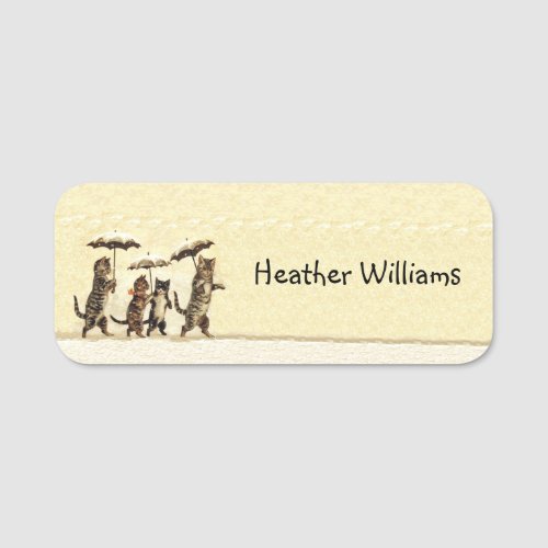 Group Brown Cats in Snow Holding Umbrellas Kittens Name Tag