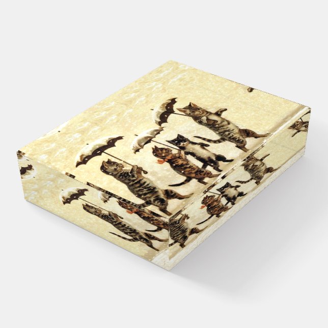Group Brown Cats Kittens Umbrellas in Snow Yellow Paperweight (Angled)