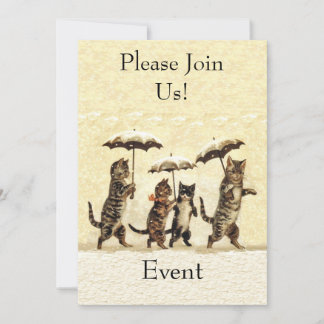 Group Brown white Party Cats Umbrellas Snow Invitation