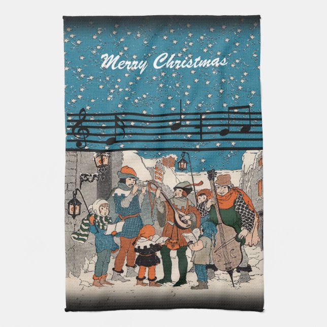 Group Christmas Carolers Musicians Music Notes Kitchen Towel (Vertical)