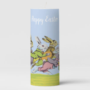 Group Easter Rabbits Eggs Baskets Running in Grass Pillar Candle