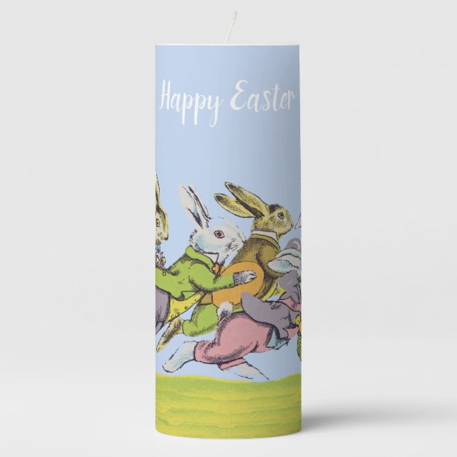 Group Easter Rabbits Eggs Baskets Running in Grass Pillar Candle (Front)