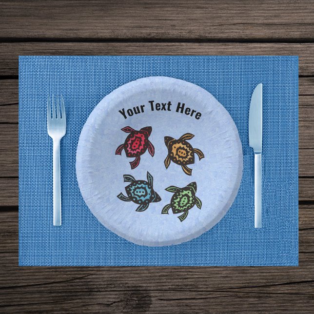  Group Four Turtles Abstract Colourful Shells Blue Paper Bowls (Four black turtles with colourful abstract shells on light blue paper party bowls.)