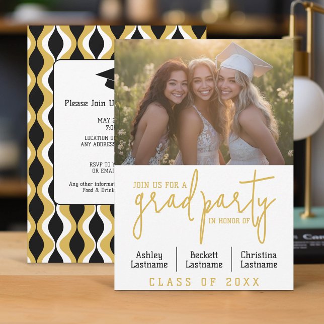 Group Graduation Celebration - Triple Graduates Invitation (Group Graduation Party Invitation)