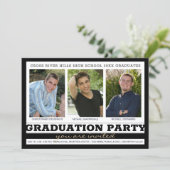 Group Graduation Party Three Photo Black White Invitation (Standing Front)