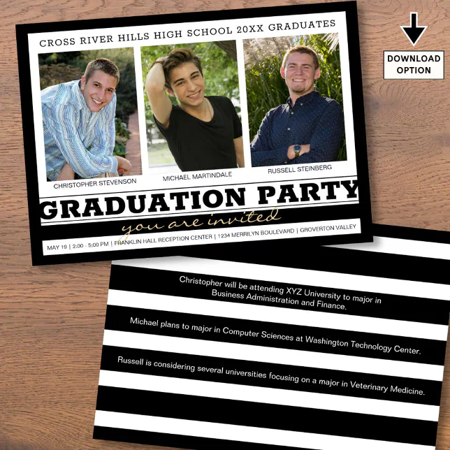 Group Graduation Party Three Photo Black White Invitation | Zazzle