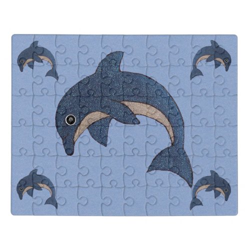 Group Jumping Faux Sparkle Blue White Dolphins Jigsaw Puzzle