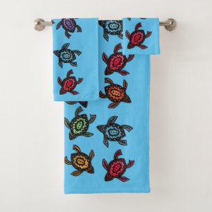 Group of Abstract Black Turtles Colorful shells Bath Towel Set