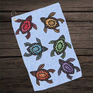 Group of Abstract Black Turtles Colorful Shells Golf Towel