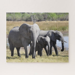 Group of African Elephants in Front of Water Hole Jigsaw Puzzle