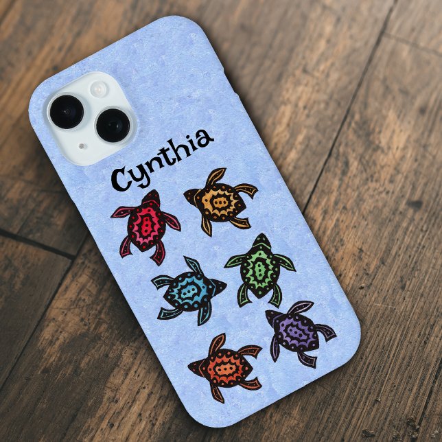 Group of Black Abstract turtles Colourful Shells Case-Mate iPhone Case (Group abstract black turtles with colourful shells on blue iPhone case.)