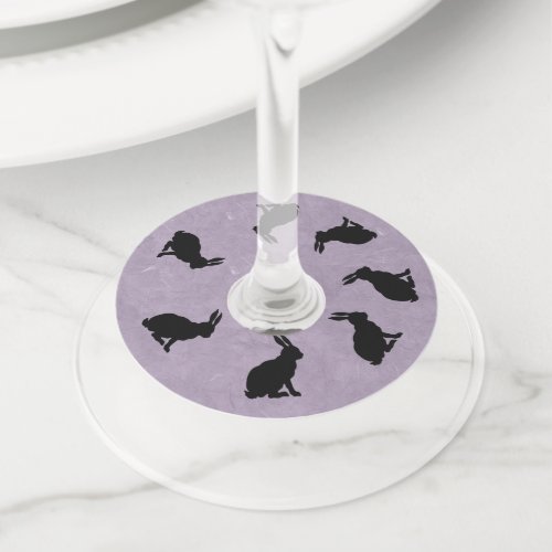 Group of Black Sitting Rabbits on Purple Wine Glass Tag