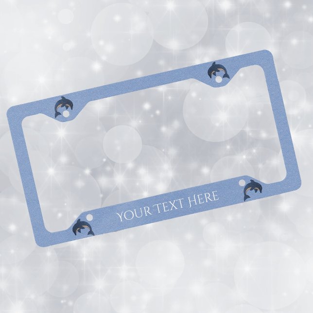 Group of Blue White Jumping Dolphins on Light Blue License Plate Frame (Cute blue and white jumping cartoon like dolphins on light blue license plate frame.)