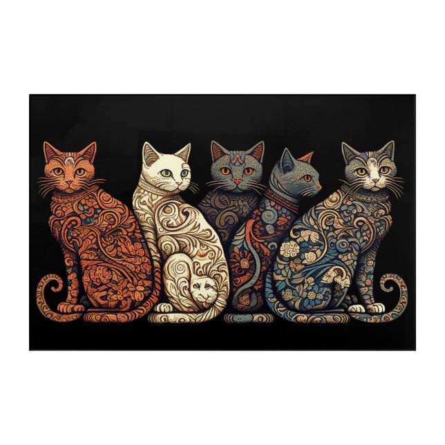Group of Cats in Victorian Wallpaper Style Acrylic Print (Front)