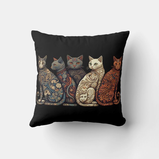 Group of Cats in Victorian Wallpaper Style Throw Pillow (Back)