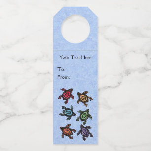 Group of Colorful Fantasy Turtles on light Blue Bottle Hanger Tag