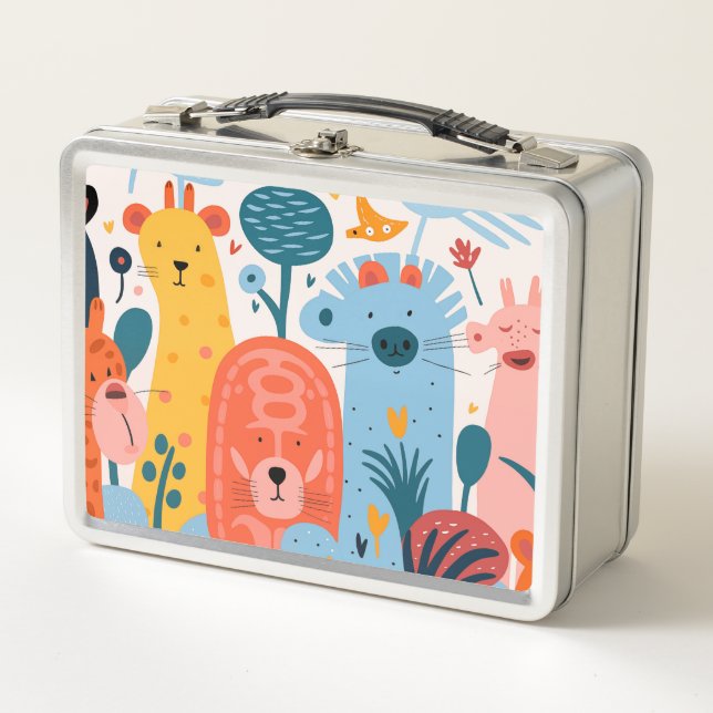 Group of colorful imaginary animals metal lunch box (Front)