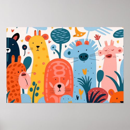 Group of colorful imaginary animals poster