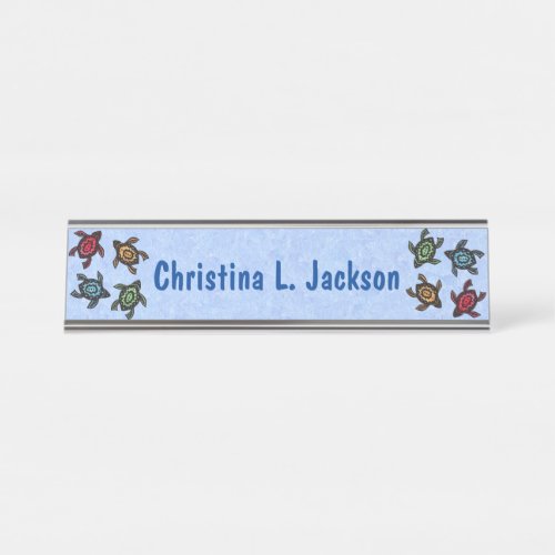 Group of Colorful Turtles Abstract Markings Blue Desk Name Plate