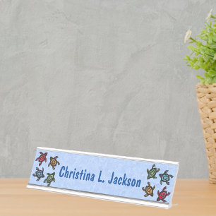 Group of Colorful Turtles Abstract Markings Blue Desk Name Plate