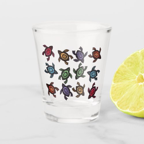 Group of Colorful Turtles Tribal Type Markings Shot Glass