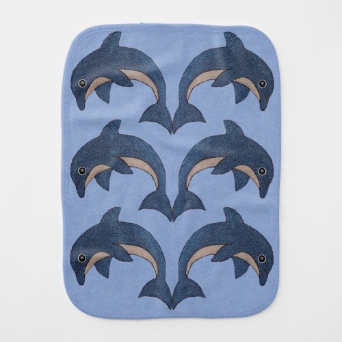 Group of Cool Dark Blue Dolphins Jumping on blue Baby Burp Cloth