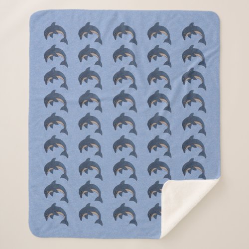 Group of Cute Deep blue and white Jumping Dolphins Sherpa Blanket