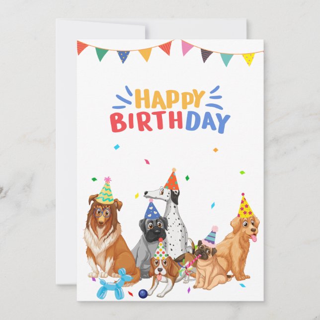 Group of dog breeds party happy birthday  holiday card (Front)