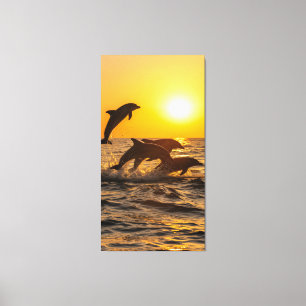 group of dolphins happily leap out of the waves  canvas print
