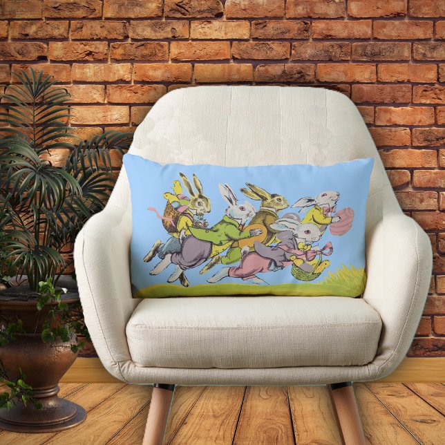Group of Easter Rabbits Pastel Clothing in Grass Lumbar Pillow (Easter rabbits in pastel clothes eggs baskets running in grass on blue decorative pillow.)