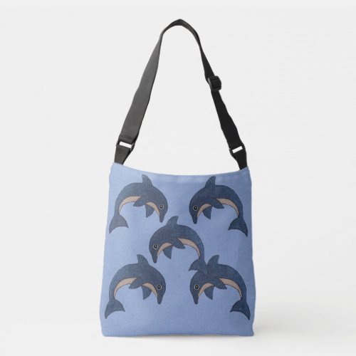 Group of Five Jumping Sparkle Look Blue Dolphins Crossbody Bag