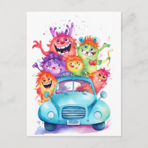 Group of funny monsters driving a car. Vacation Postcard