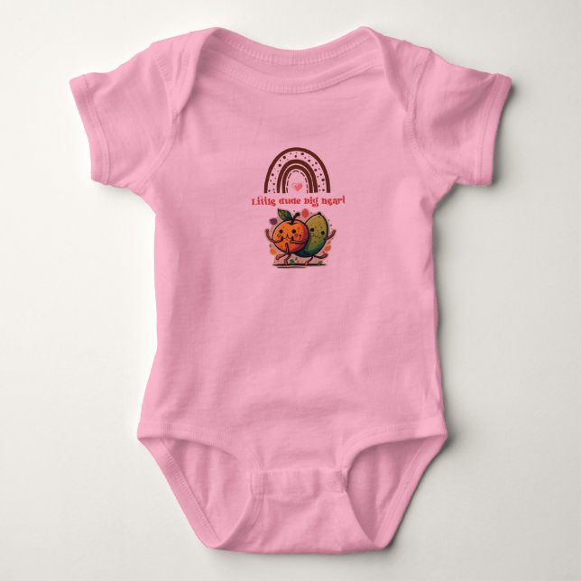  group of happy fruit little dude big heart  baby bodysuit (Front)