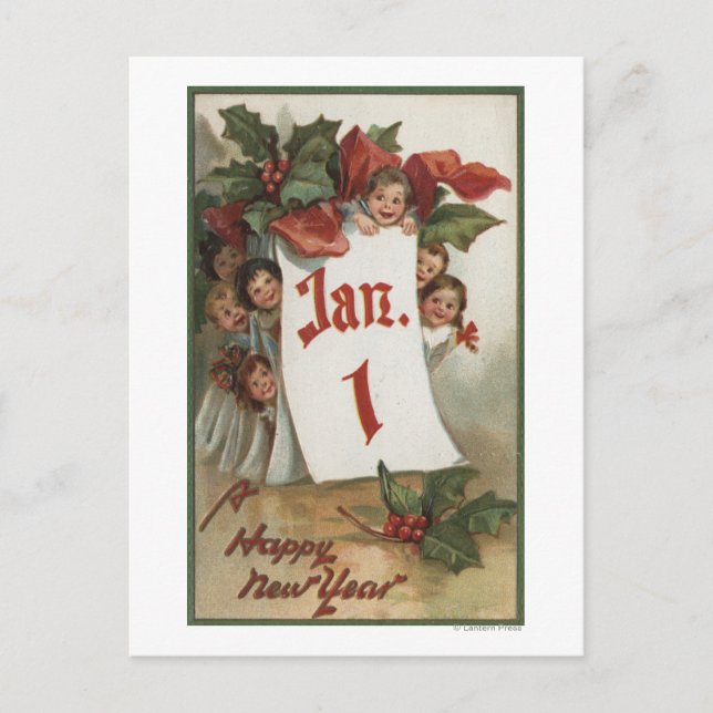 Group of Kids Hiding Behind Calendar Postcard (Front)