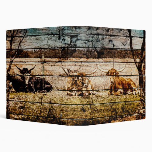 Group of Longhorns Laying in Field Distressed Wood 3 Ring Binder