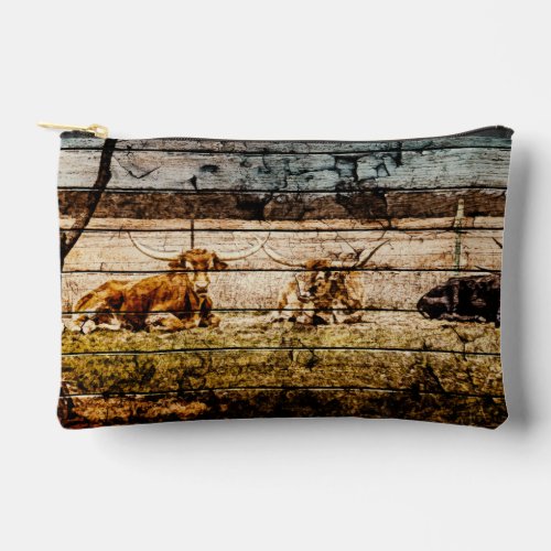 Group of Longhorns Laying in Field Distressed Wood Accessory Pouch