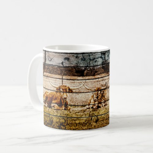 Group of Longhorns Laying in Field Distressed Wood Coffee Mug