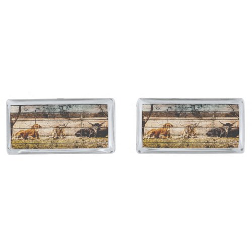 Group of Longhorns Laying in Field Distressed Wood Cufflinks