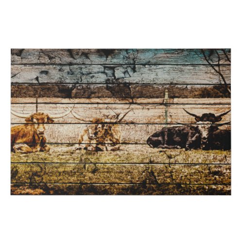 Group of Longhorns Laying in Field Distressed Wood Faux Canvas Print