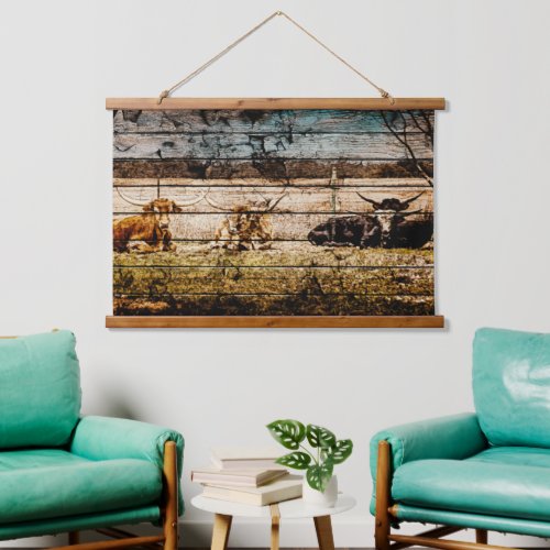 Group of Longhorns Laying in Field Distressed Wood Hanging Tapestry