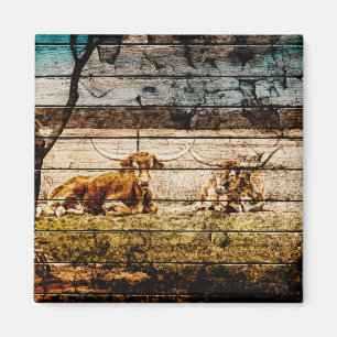 Group of Longhorns Laying in Field Distressed Wood Magnet