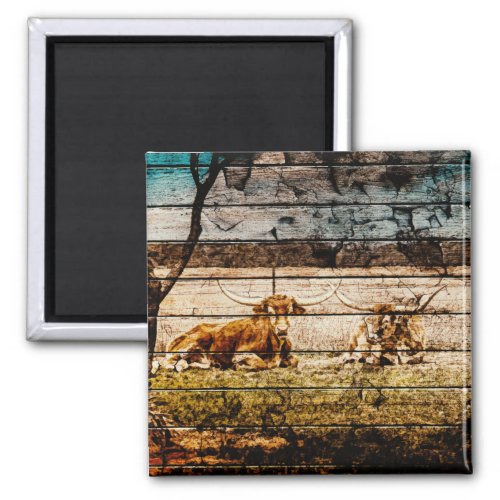 Group of Longhorns Laying in Field Distressed Wood Magnet