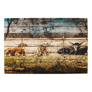 Group of Longhorns Laying in Field Distressed Wood Metal Print