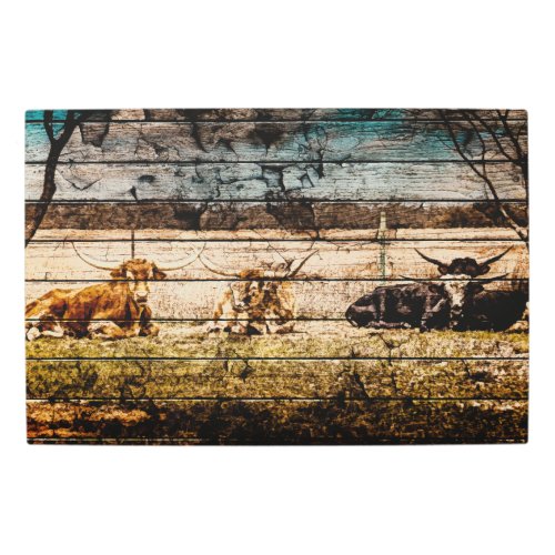 Group of Longhorns Laying in Field Distressed Wood Metal Print