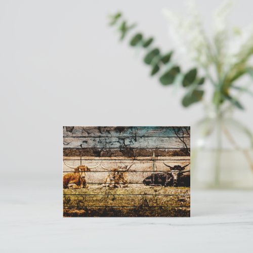 Group of Longhorns Laying in Field Distressed Wood Note Card