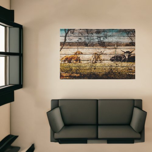 Group of Longhorns Laying in Field Distressed Wood Rug
