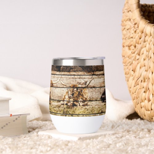 Group of Longhorns Laying in Field Distressed Wood Thermal Wine Tumbler