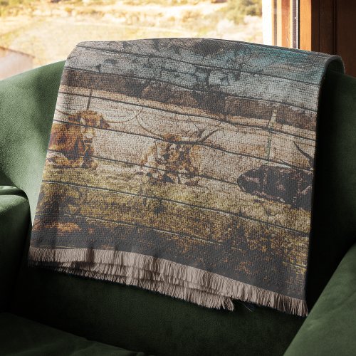 Group of Longhorns Laying in Field Distressed Wood Throw Blanket